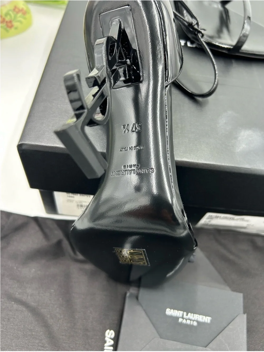 Saint Laurent YSL  Black Patent  Opyum Logo-Heel Ankle-Strap Sandals. Size 37.5